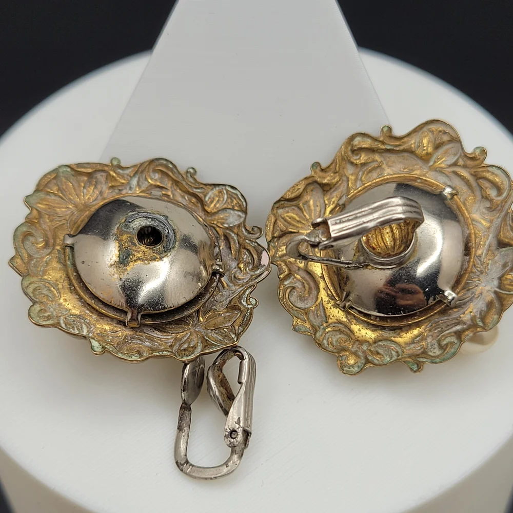 Vintage Art Nouveau Brass Faux Cluster Pearl Sterling Clip-On Earrings *AS-IS* - Picture 8 of 15